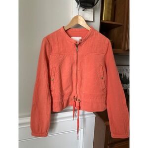 Anthropologie Quilted Textured Jacket Coral Orange 100% Cotton Moto Boho Chic M